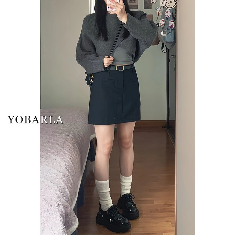 黑色高腰西装短裙女夏季大码胖mm显瘦梨形身材小个子a字半身裙子