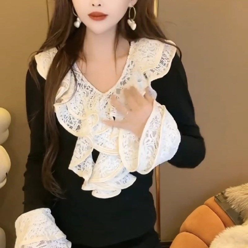 时髦t恤女2023秋冬新款气质女神范荷叶边蕾丝拼接喇叭袖打底衫潮,女装/女士精品,T恤,淘宝优惠券,粉丝福利购,淘宝优惠卷