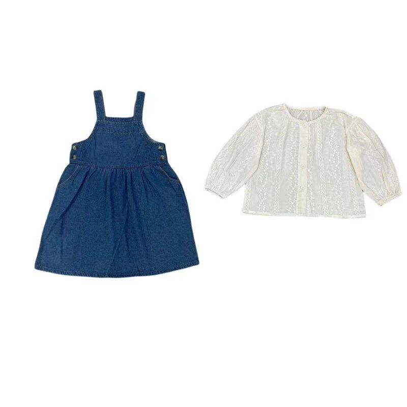 女童牛仔背带裙套装2024春秋款童装儿童女孩白色提花娃娃衫两件套