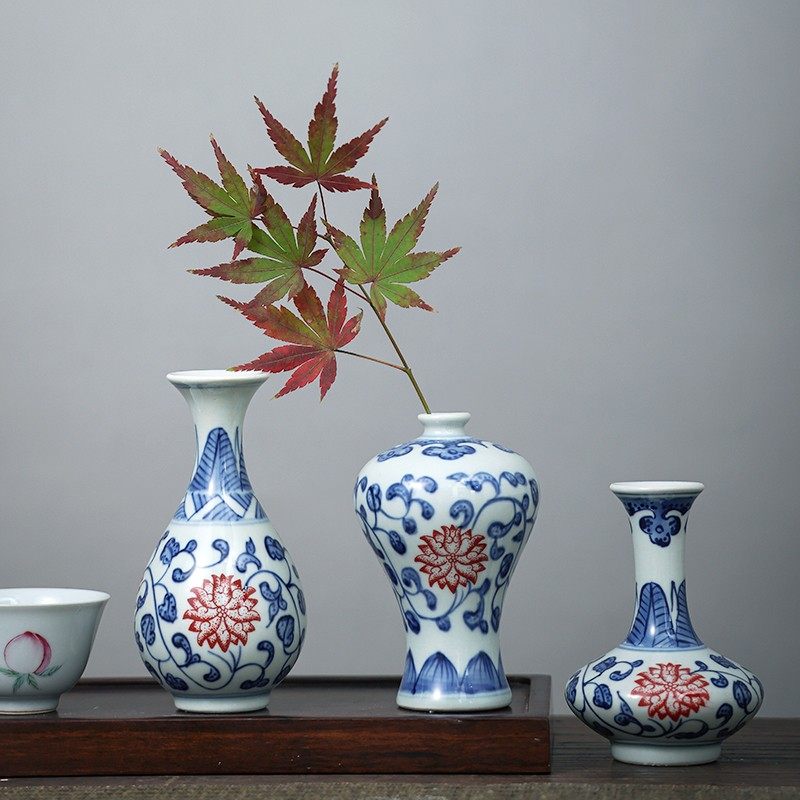 仿古釉下青花瓷陶瓷小花瓶迷你水养博古架摆件茶桌面装饰品