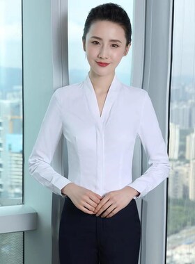 空姐白色衬衫女长袖v领工作服修身南航空乘面试装制服OL百搭衬衣