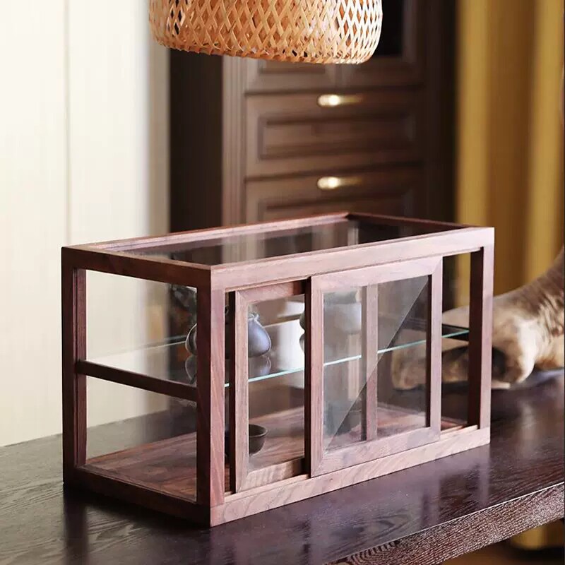 9C黑胡桃实木玻璃防尘展示柜