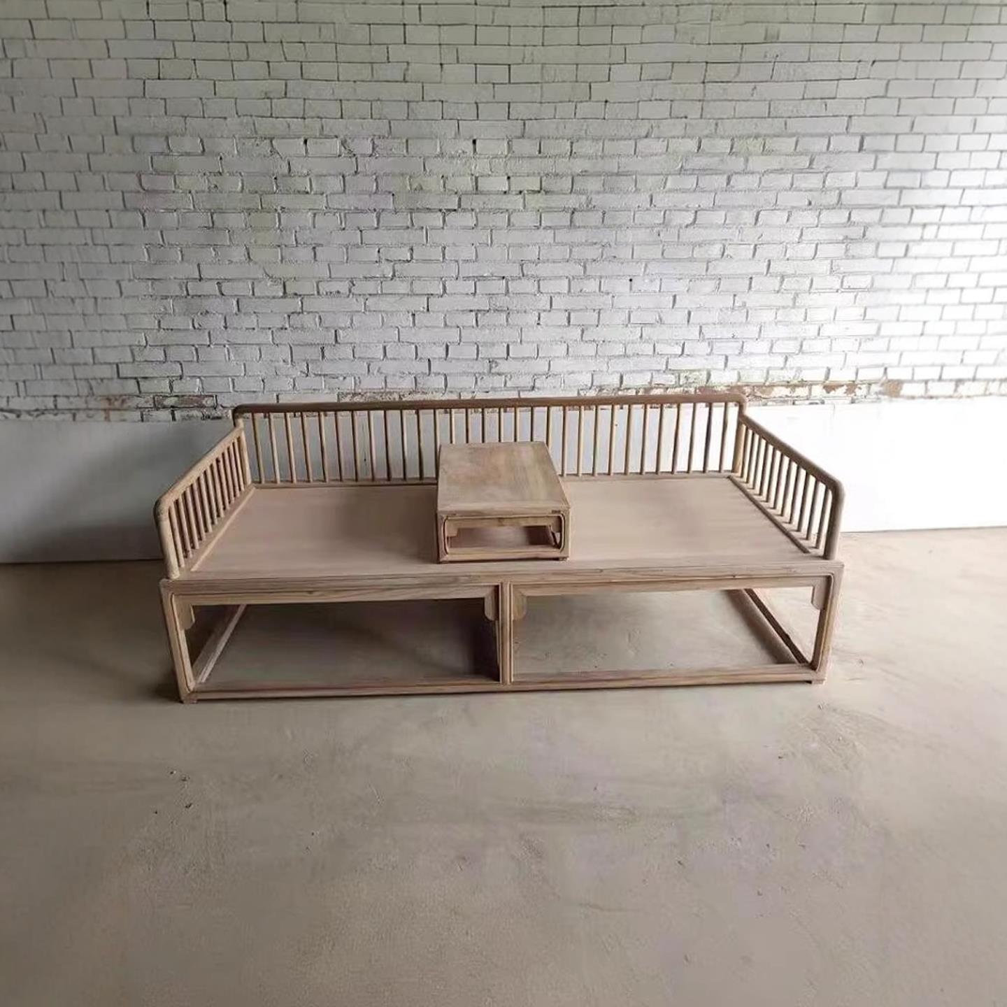 新中式罗汉床组合北方老榆木榫卯禅意客厅茶室小户型实木沙发白茬