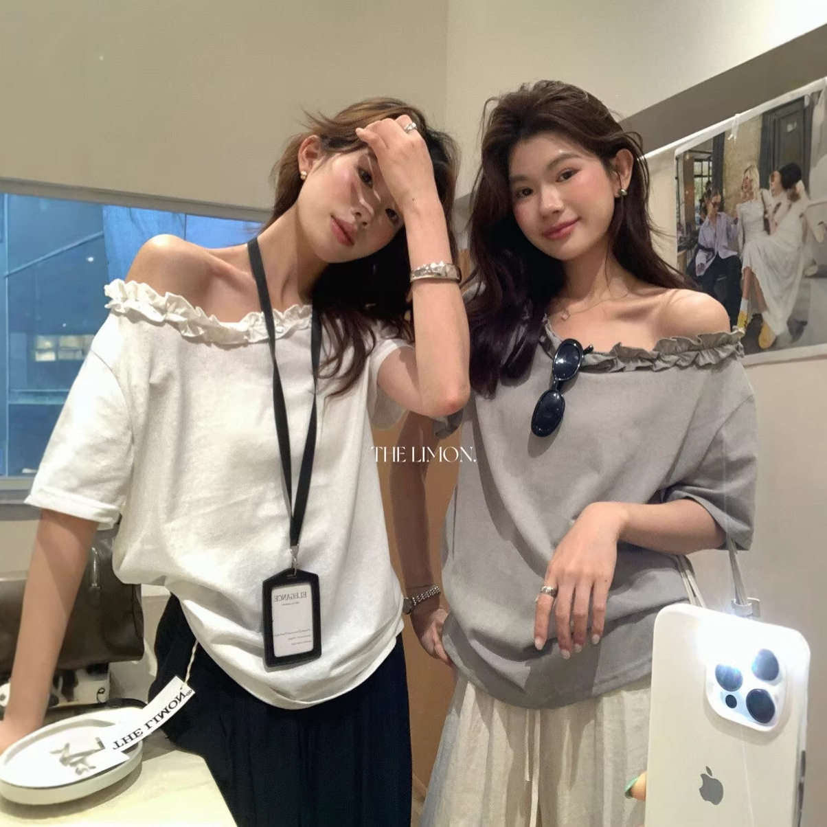 法式斜肩露肩木耳边显瘦T恤女夏