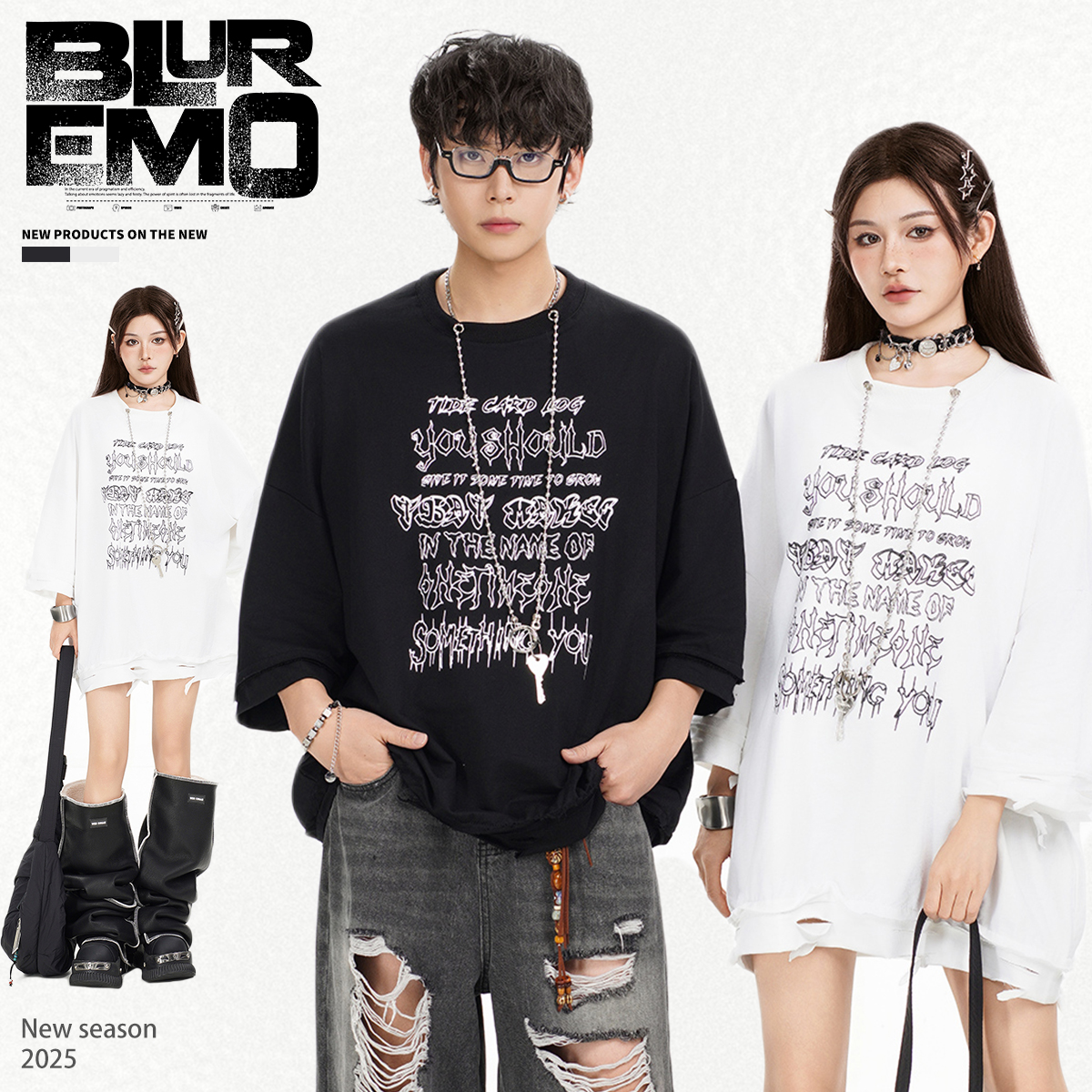 BLUREMO欧美高街印花链条中袖T恤