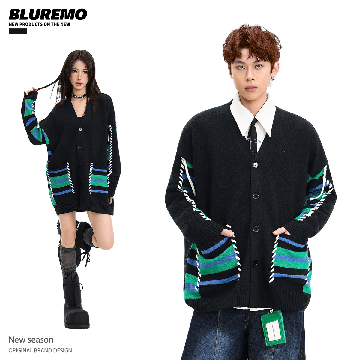 BLUREMO撞色字母V领针织衫