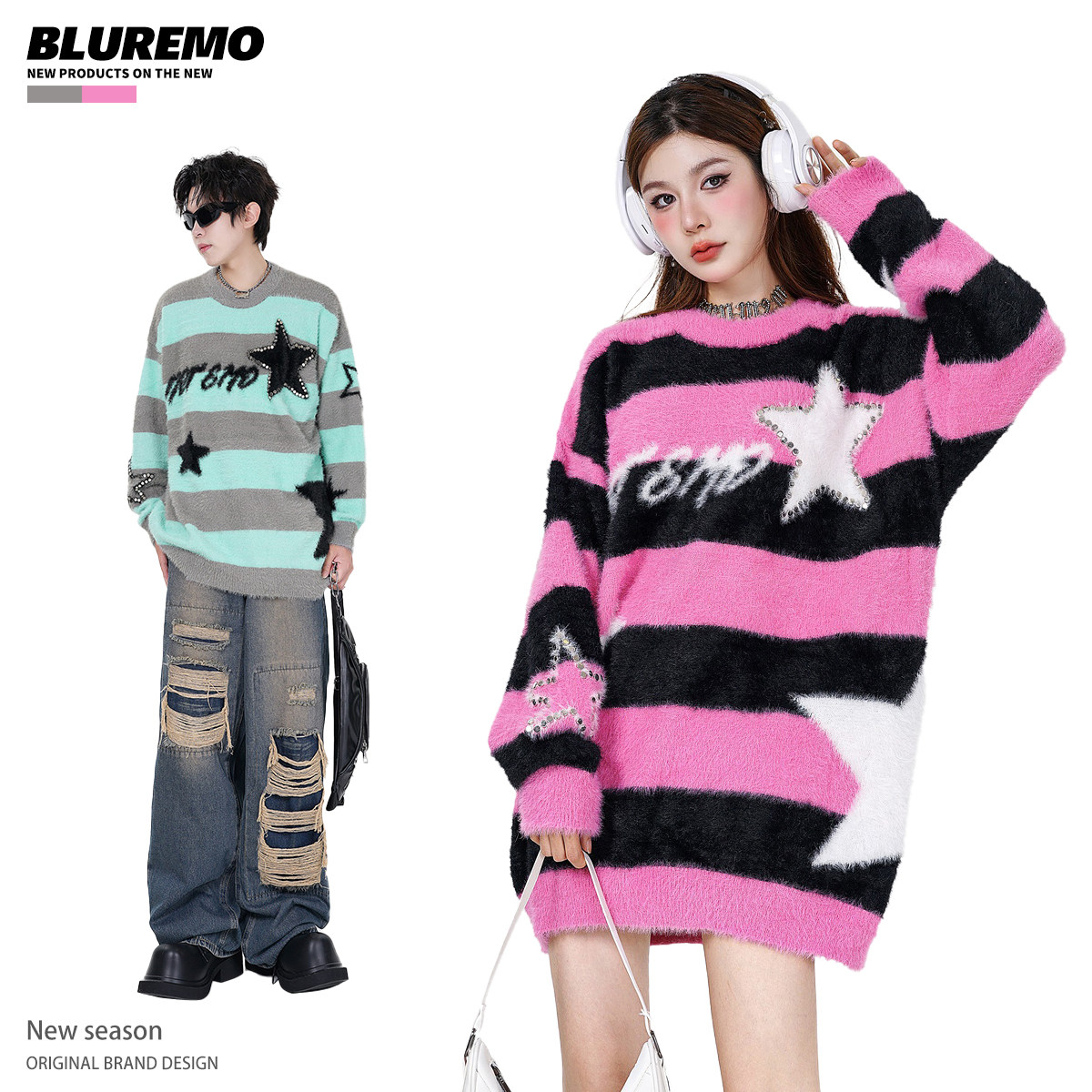 BLUREMO撞色钉珠毛绒圆领毛衣