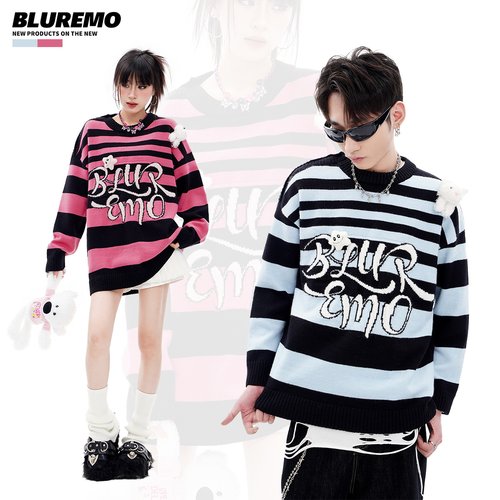 BLUREMO渐变撞色情侣款条纹毛衣