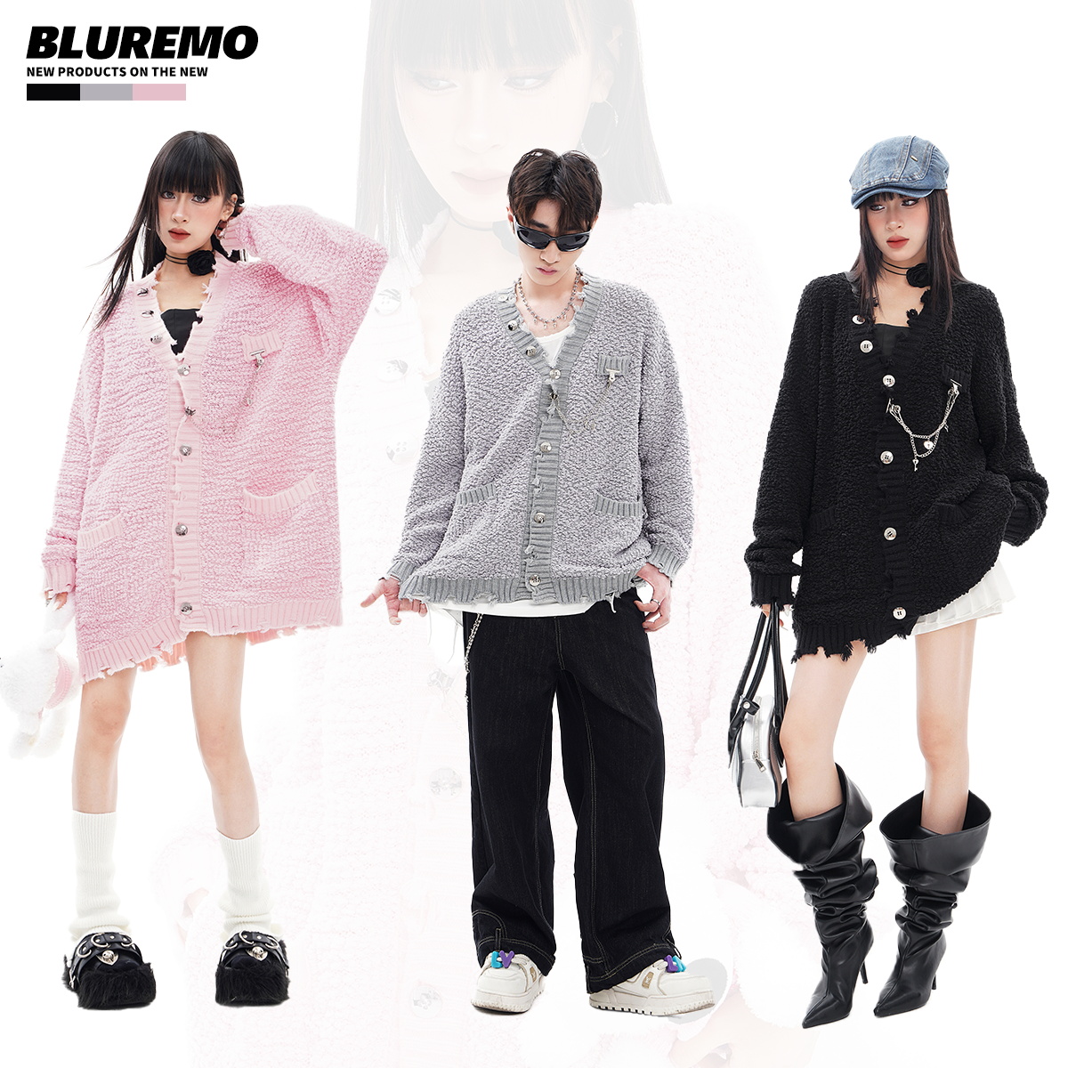破洞链条针织衫BLUREMO开衫V领