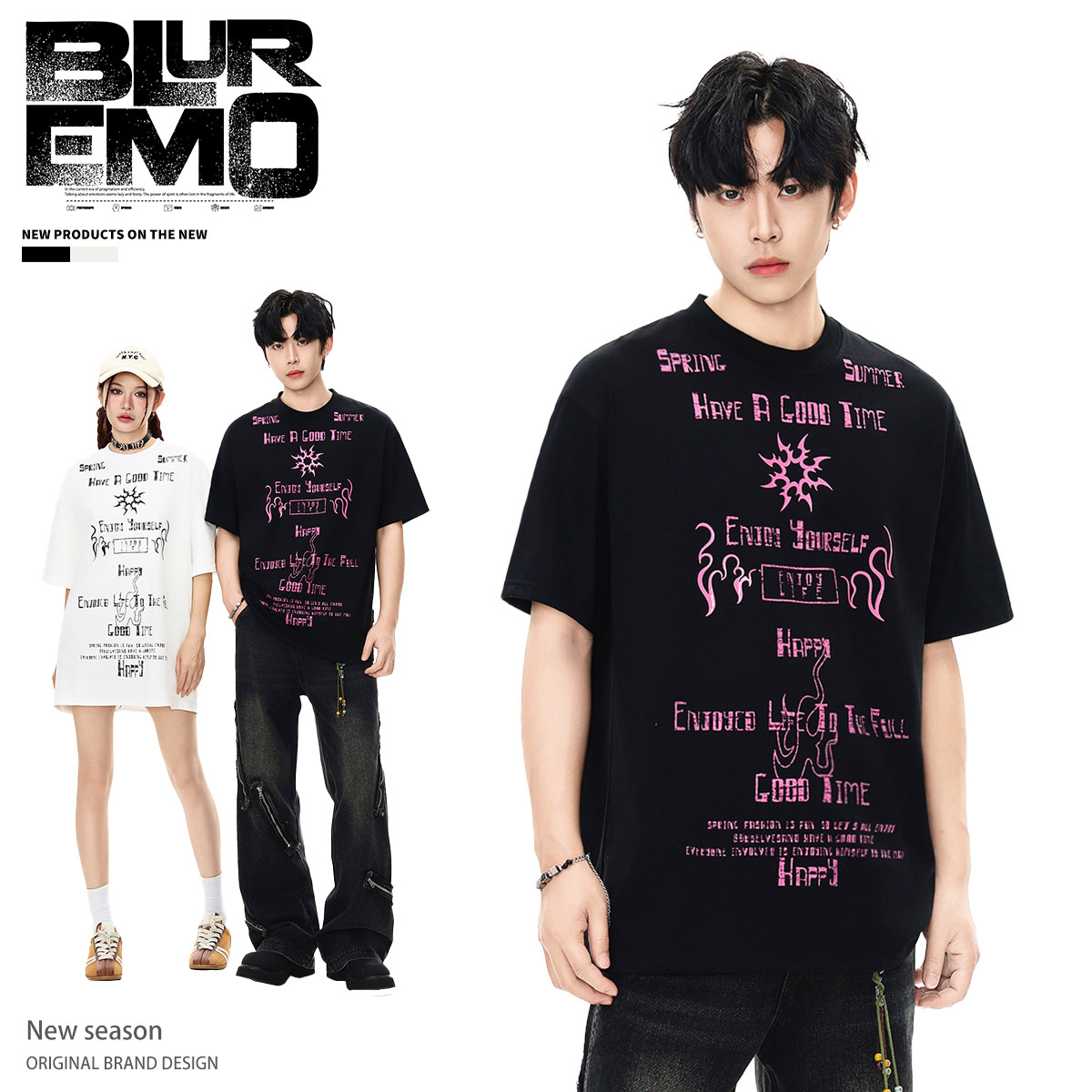 BLUREMO/模糊情绪夏季新品高街原创亮面印花字母百搭男女短袖T恤