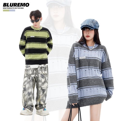 破洞条纹毛衣BLUREMO套头圆领