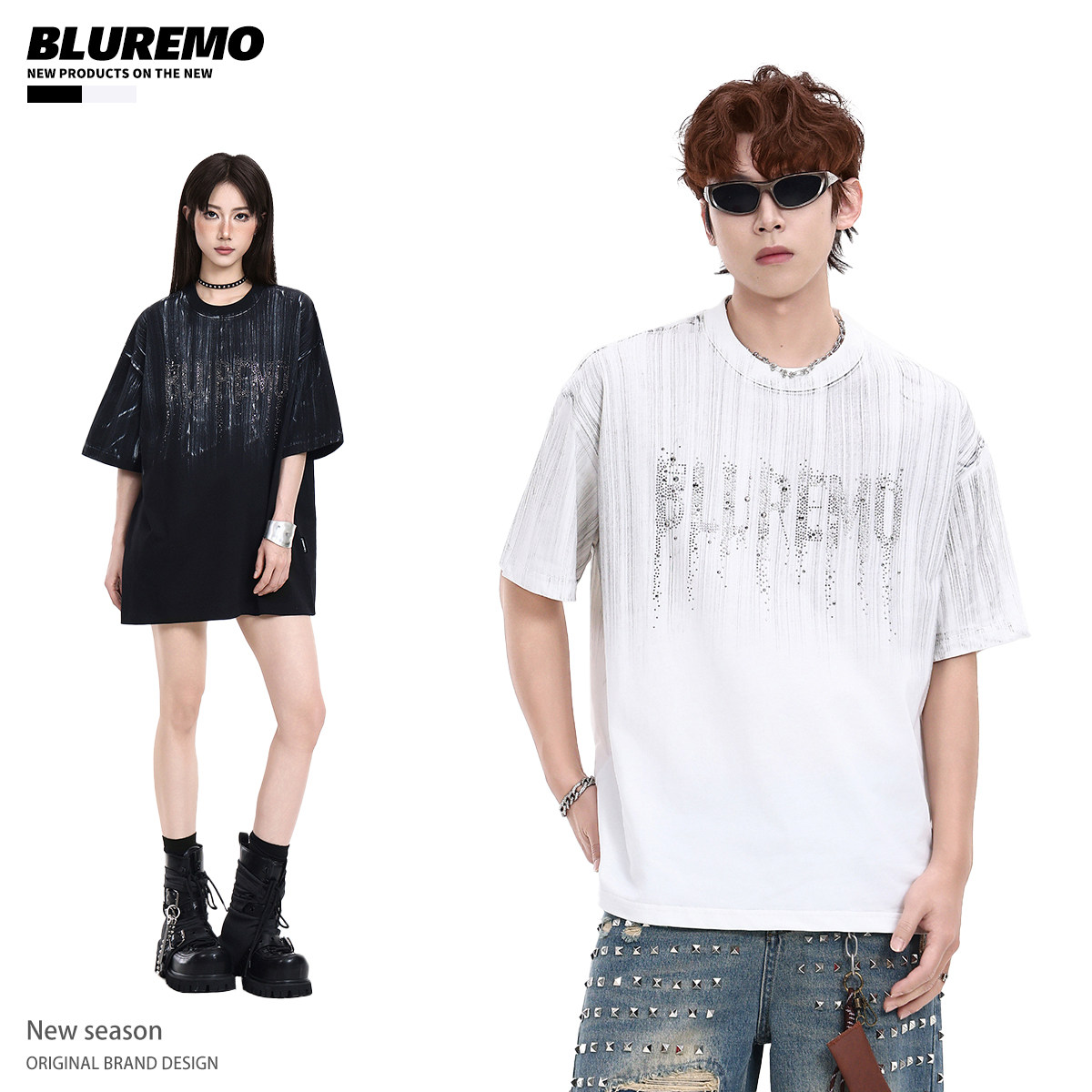 BLUREMO街头刷漆烫钻字母男女T恤