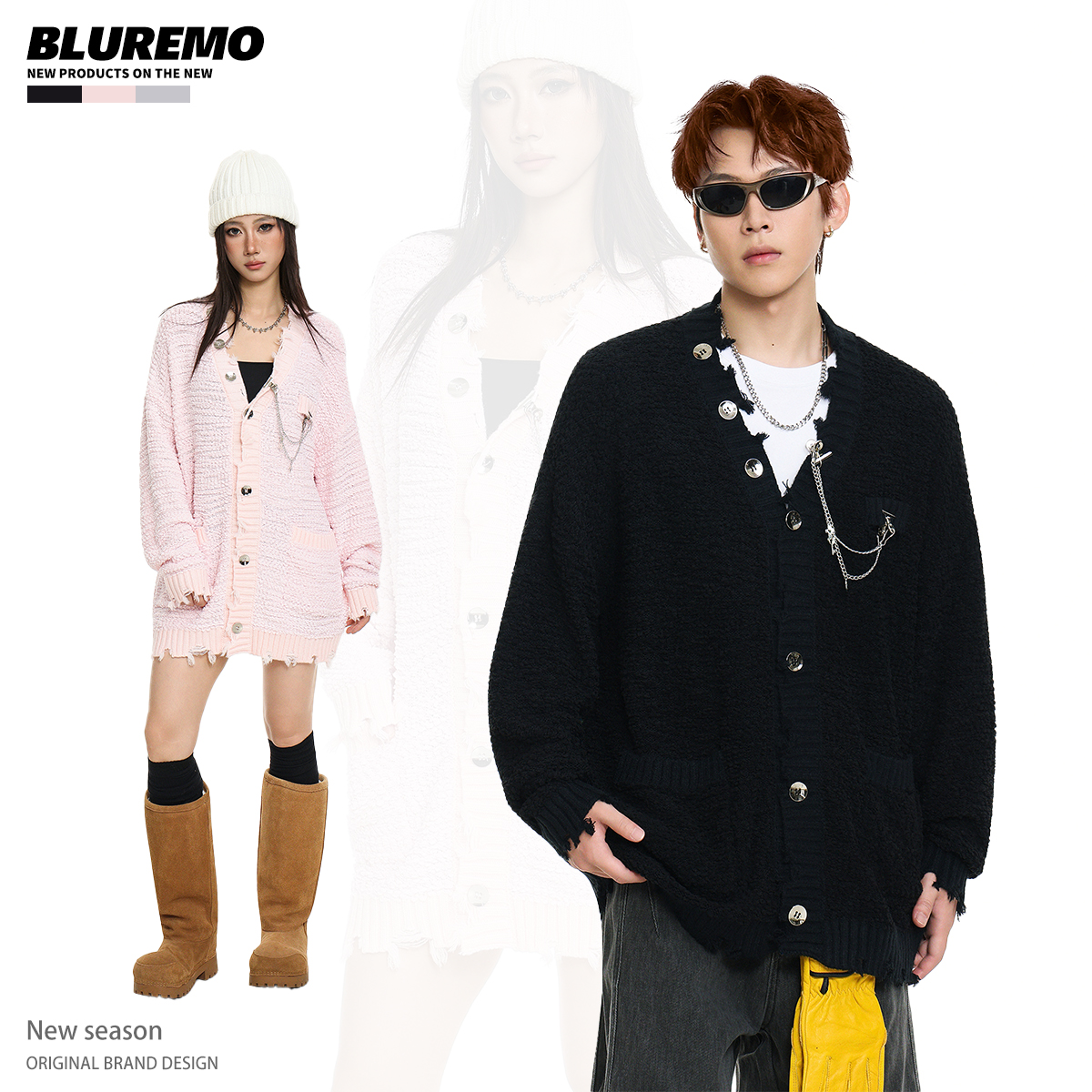 BLUREMO秋冬破洞慵懒针织开衫