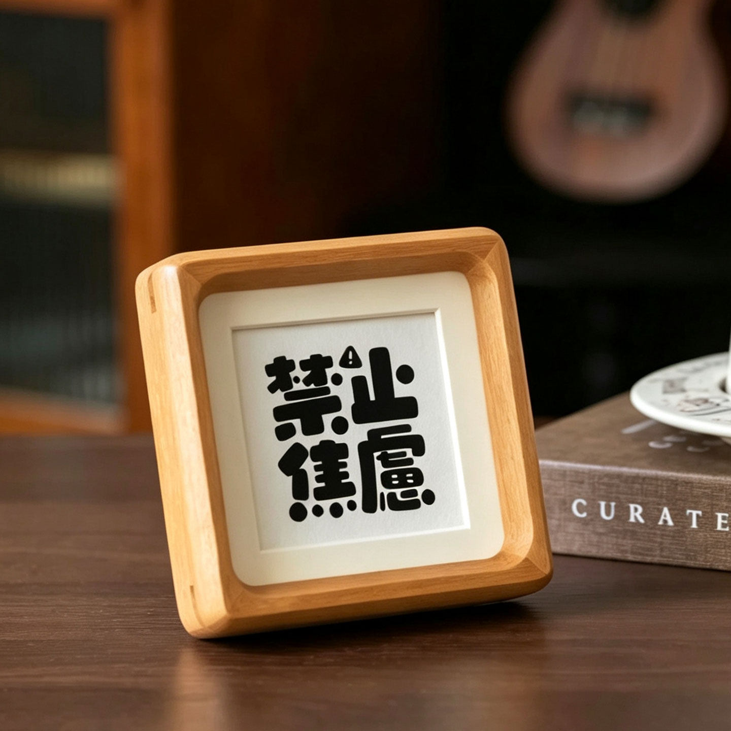招吉猫禁止焦虑实木小相框摆台治愈文字桌面装饰画工位礼物摆件