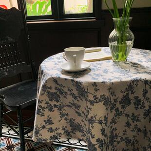 复古蓝色碎花圆桌布ing风棉麻茶几布ins桌巾田园风轻奢高级感 法式