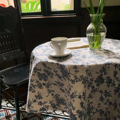 法式复古蓝色碎花圆桌布ing风棉麻茶几布ins桌巾田园风轻奢高级感