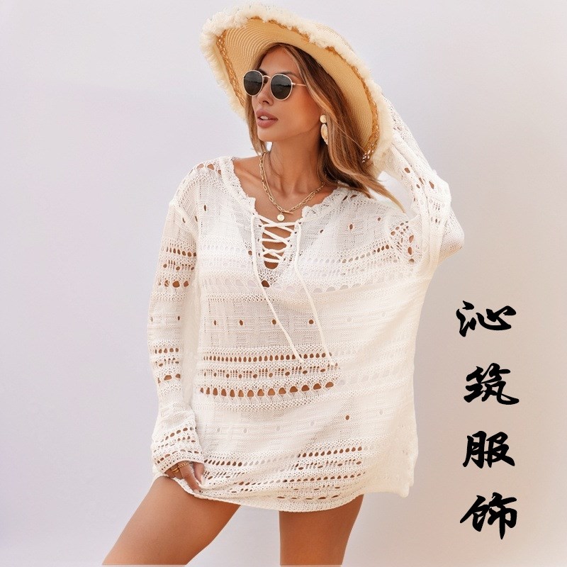 欧美新款慵懒沙滩罩衫海边度假沙A滩裙女镂空喇叭袖系带比基尼罩