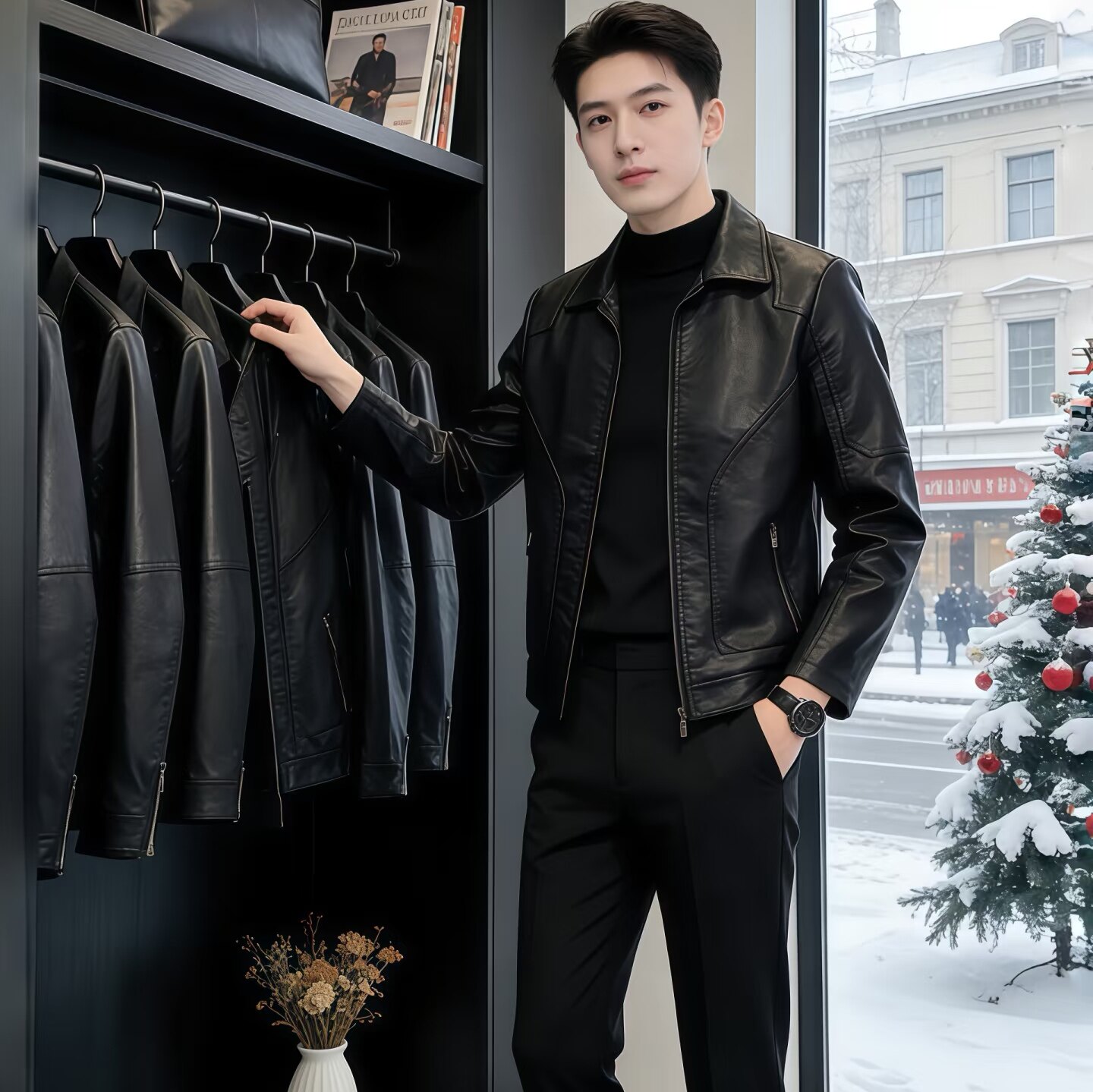 男士春秋冬新款翻领皮夹克潮流修身机车休闲韩版加绒皮夹克外套
