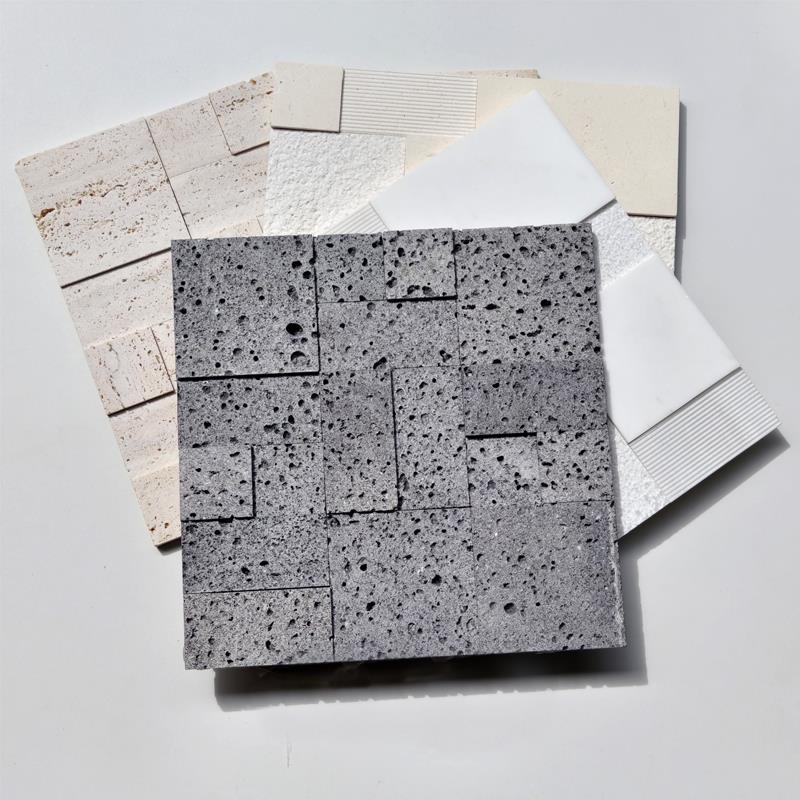 佳纷黑色火山岩洞石马赛克酒店大堂背景墙高低面石材玄关吧台瓷砖