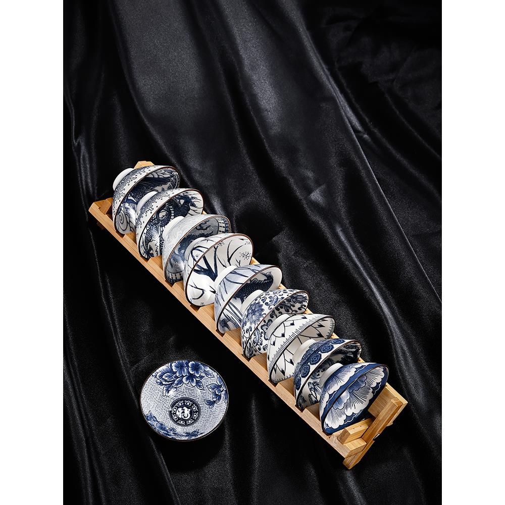 青花斗笠杯功夫茶杯10个装送杯架小茶碗茶盏杯品茗杯单杯茶具单品