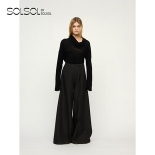 SOLSOL RUOHAN 设计师品牌 25早秋新品 黑色斜纹羊毛拼接双层长裤