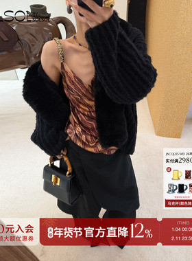 JACQUES WEI 设计师品牌26早春新品黑色毛领针织腰带开衫 SOLSOL