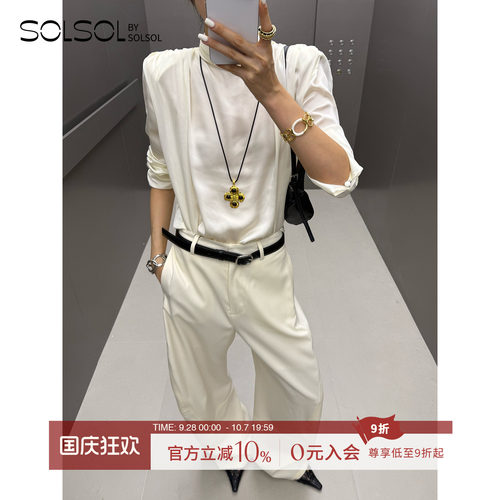 YCH简约休闲纯色褶皱衬衫