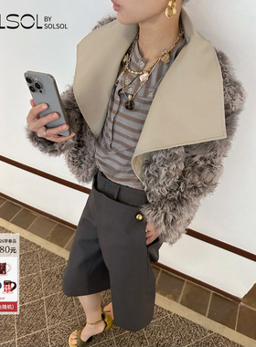 JACQUES WEI 设计师品牌26早春灰色羊卷毛风衣领皮草外套 SOLSOL