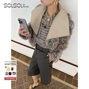 SOLSOL 设计师品牌26早春灰色羊卷毛风衣领皮草外套 JACQUES WEI