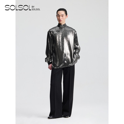 IANHYLTON闪银真丝宽松中式衬衫
