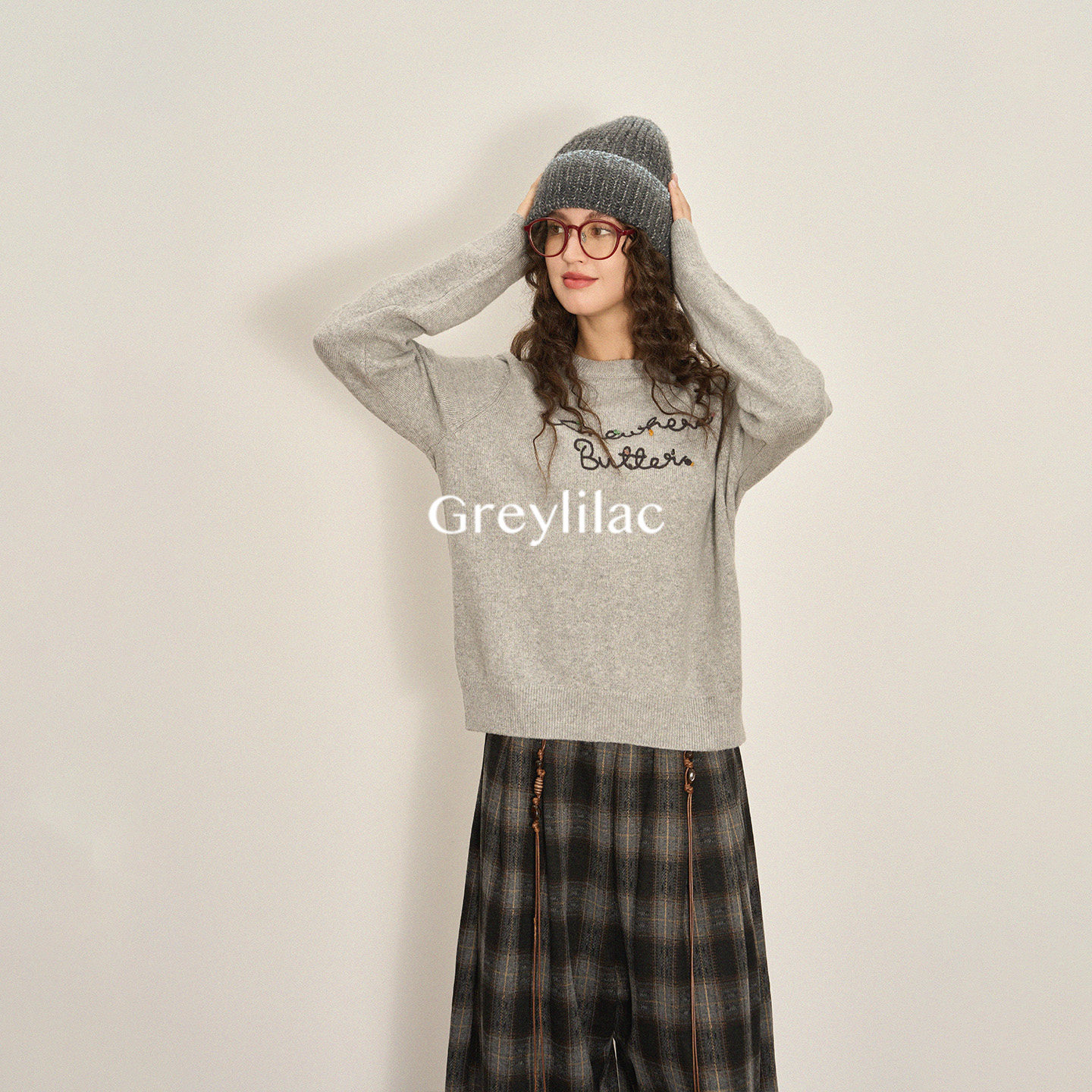 Greylilac 羊毛混纺字母刺绣毛衣女韩系圆领套头百搭针织衫上衣