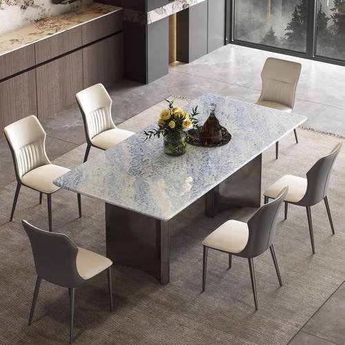 梵普森天然大理石餐桌进口蓝水晶奢石餐桌椅意式轻奢高级感长方形