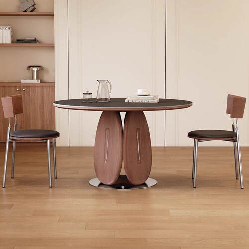 黑色岩板餐桌圆形现代简约2025新款家用小户型轻奢中古风实木餐桌