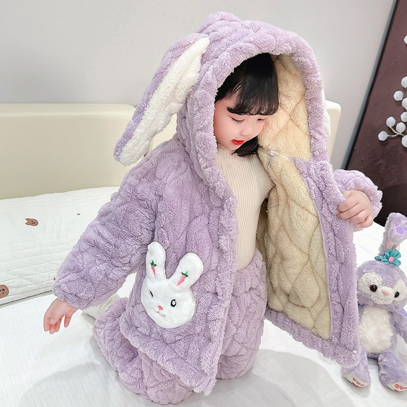 女童冬季加绒加厚睡衣儿童三层夹棉珊瑚法兰绒保暖家居服棉衣套装
