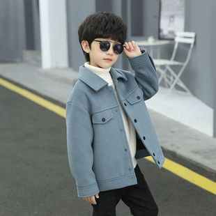 新款韩版儿童呢子大衣短款男童毛呢秋冬季洋气风衣加厚翻领上衣