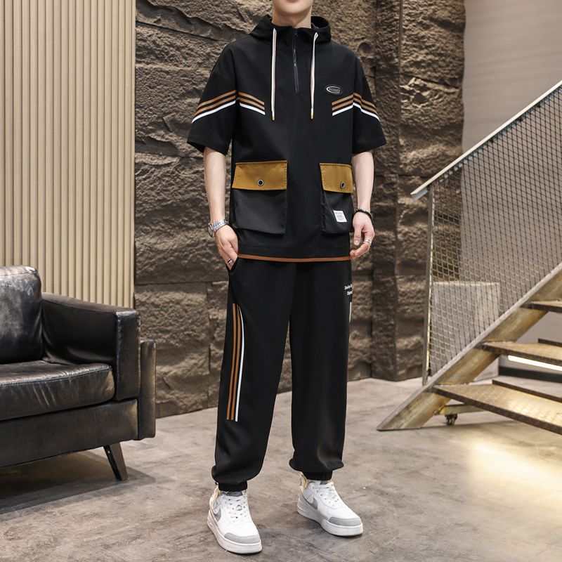 2023夏季新款青少年短袖套装男生薄款连帽T恤撞色夏天衣服两件套