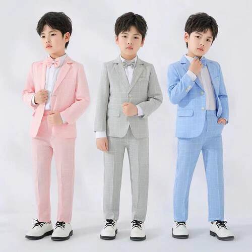 儿童西装礼服套装男童春秋格纹花童生日钢琴主持活动西服演出服