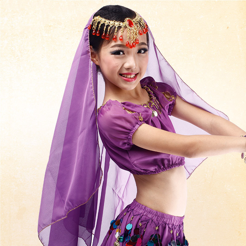 现货速发儿童肚皮舞纱巾钻珠头纱链 儿童舞蹈服装头纱舞蹈头巾