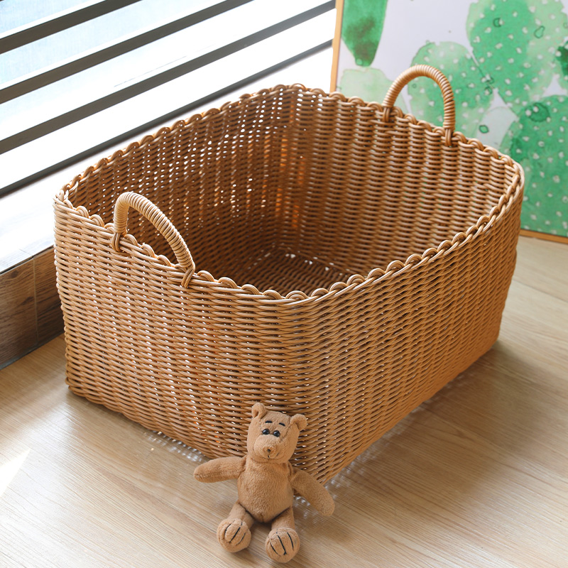现货速发仿藤编卧室飘窗毛绒玩具收纳筐浴室脏衣篮便携车载大号提