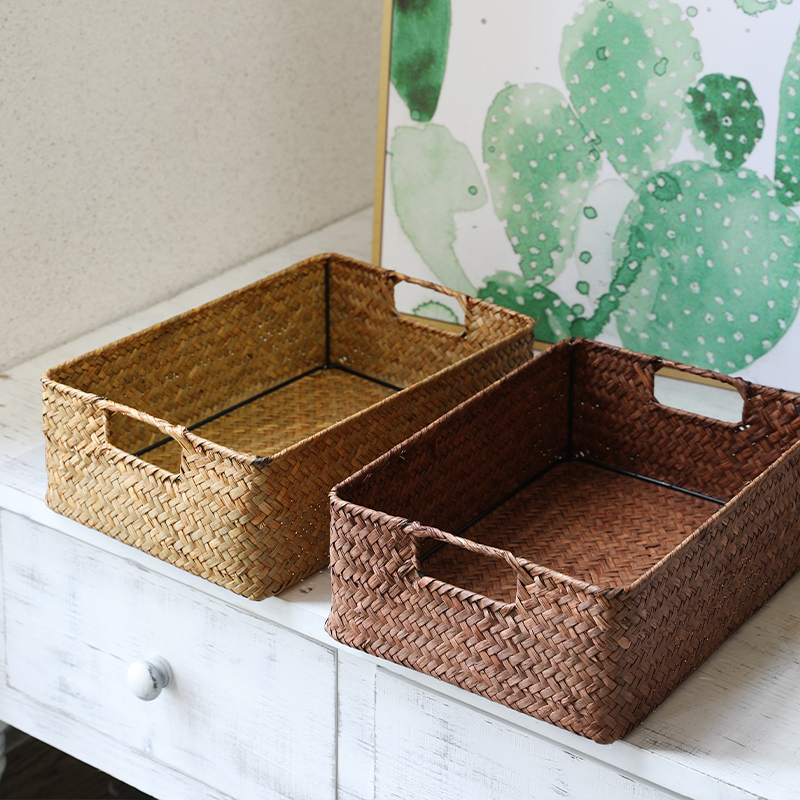 现货速发草编编织收纳筐田园玩具化妆品桌面收纳盒杂物收纳篮子
