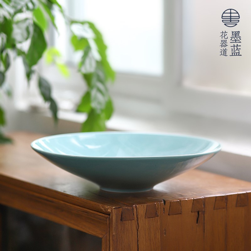 现货速发墨黑斗笠圆盘简约陶瓷花盆墨蓝花器中式花道插花水盘客厅