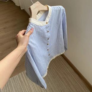 长袖 小文姐X0005 圆领条纹简约衬衫 新款 减龄衬衣百搭通勤上衣 春季