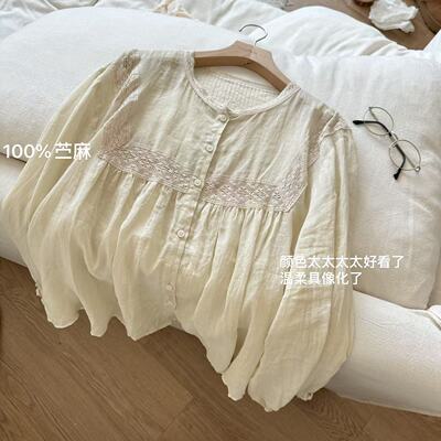 小文姐 W1223-日系文艺风琴褶拼接蕾丝衬衫女宽松减龄长袖上衣