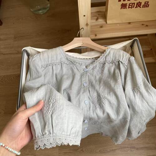 小文姐 X0075-森系氛围感文艺立体刺绣衬衫重工花边拼接甜美上衣