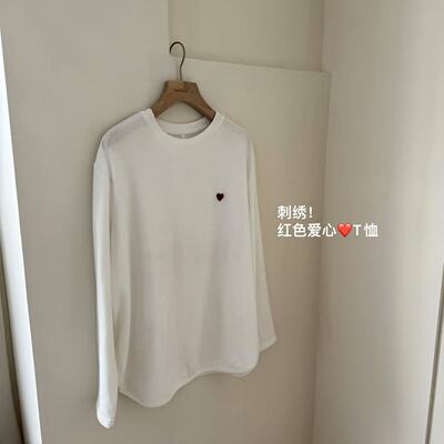 小文姐 W1043-设计感白色爱心印花T恤女韩系百搭宽松减龄上衣女