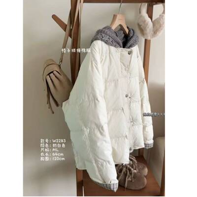 小文姐 W2283-格子拼接撞色保暖棉服韩系宽松休闲上衣女款短外套