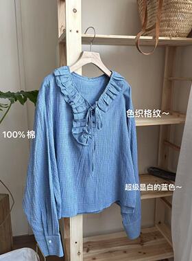 小文姐 W1167-新款花边v领格子衬衫独特设计感减龄宽松长袖上衣