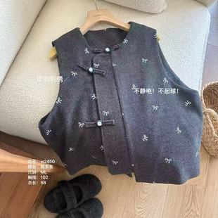 小文姐 W2450-定制蝴蝶结刺绣斜襟文艺复古温柔马甲外穿背心上衣