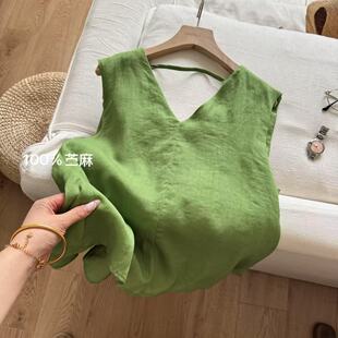 W1688-夏季V领宽松凉快背心百复古搭舒适文艺无袖上衣女
