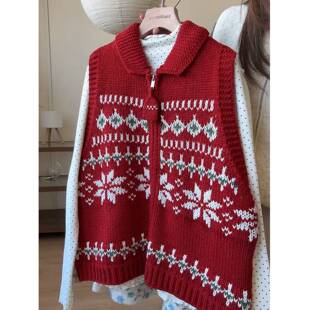 小文姐 W2438-新年红雪花撞色针织衫休闲通勤针织马甲背心上衣女